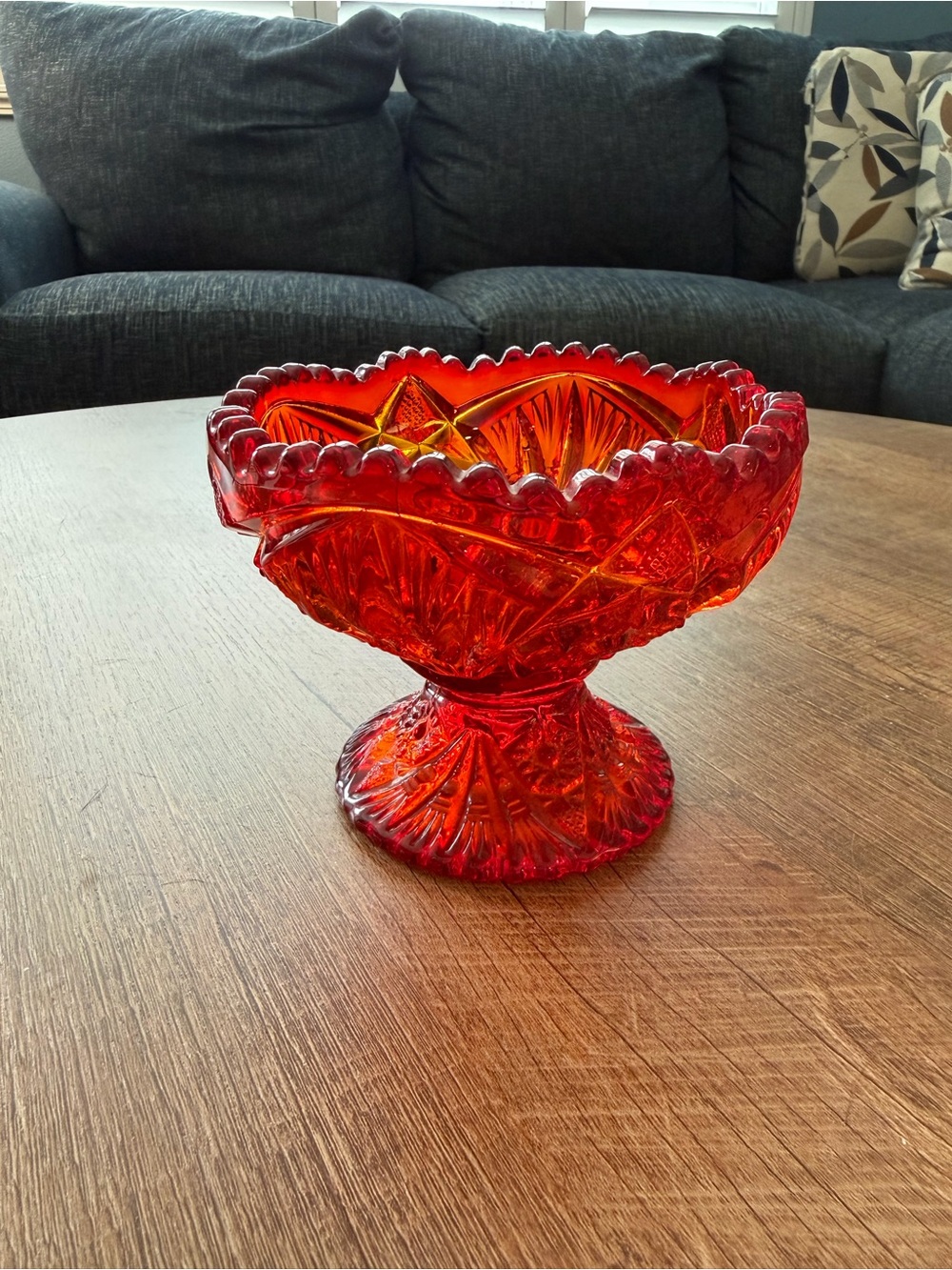 Vintage Imperial Glass Amberina Aztec Pedestal Candy Dish - 1980s Stamped